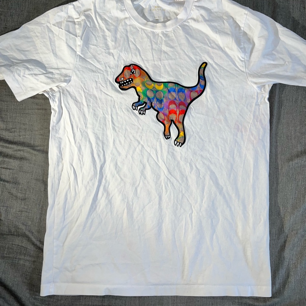 Coach White Tee with Colorful Dinosaur Design